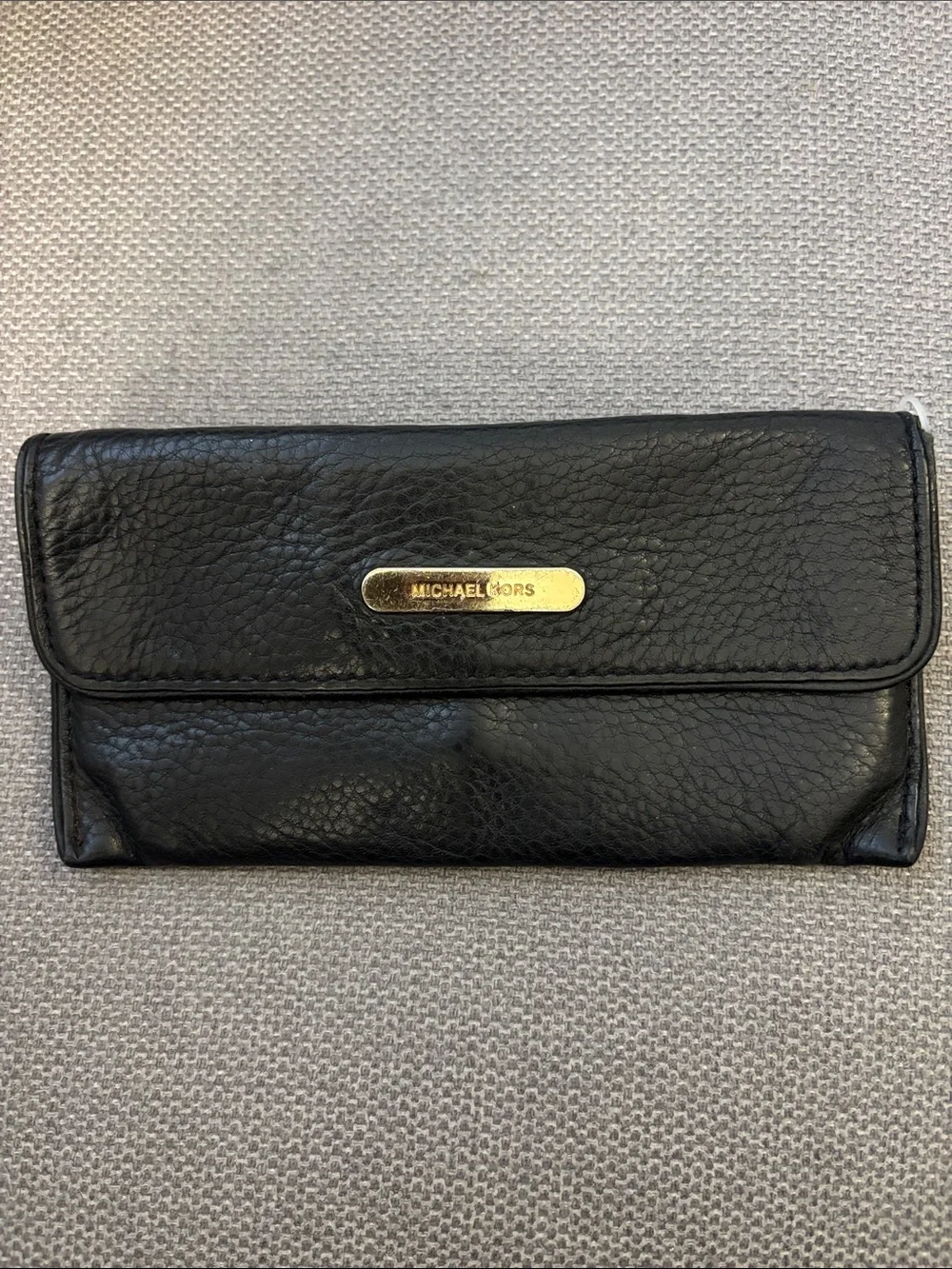 Michael Kors Black Pebbled Leather Wallet with Gold Logo Plaque